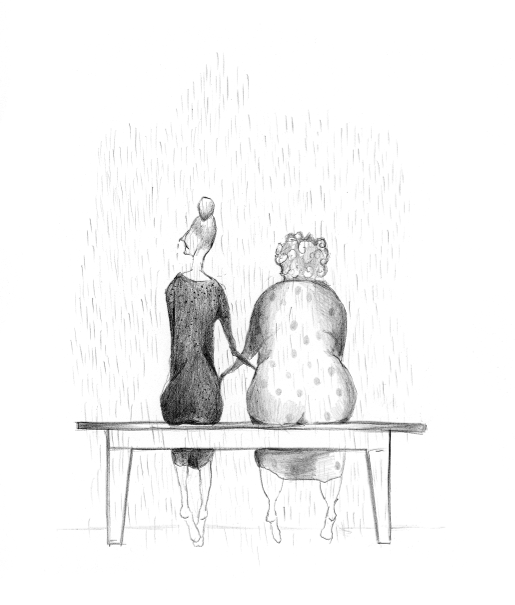Ilustrace - dvě staré babky sedí v dešti na lavičce