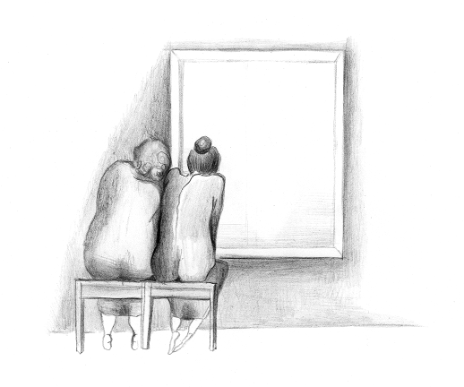 Ilustrace - dvě babky sedí u okna
